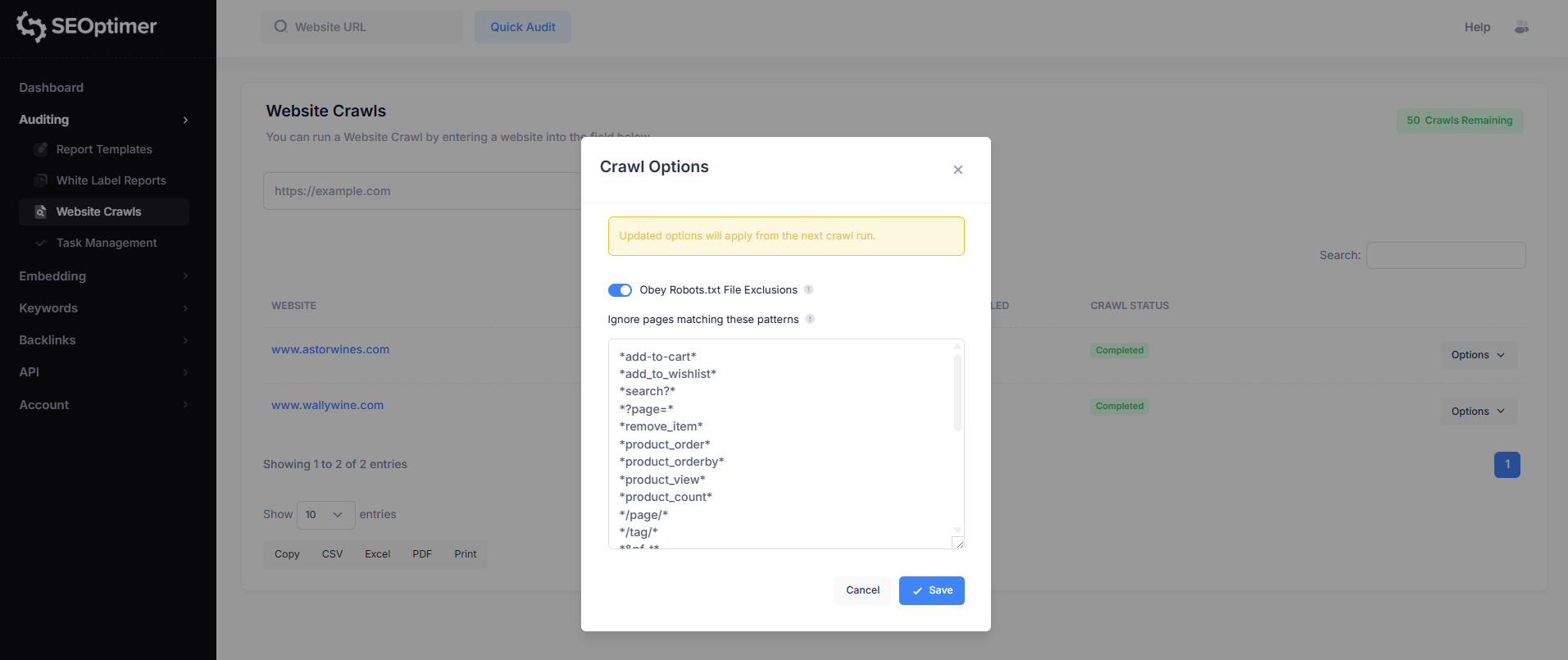 Crawl Options